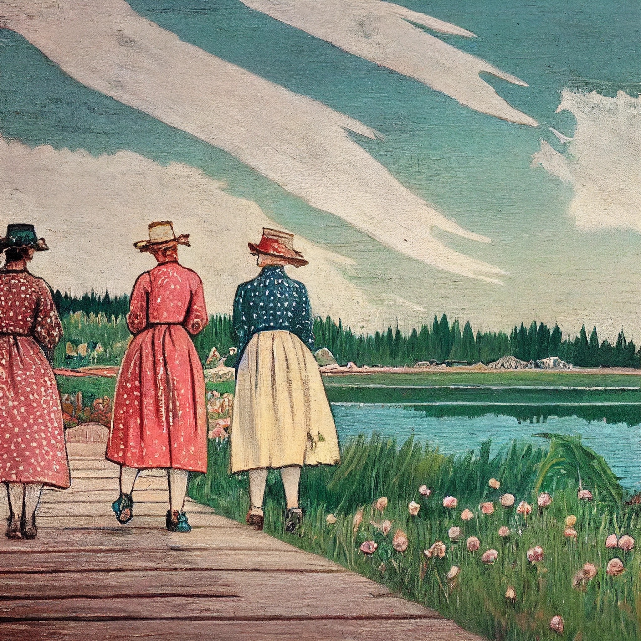 ladies strolling by lake